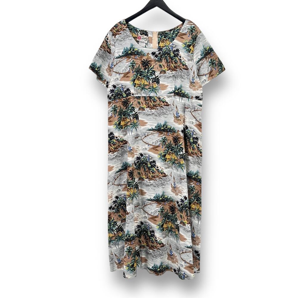 Hilo Hattie Tropical Print Maxi Dress in White, Green, Tan, Yellow